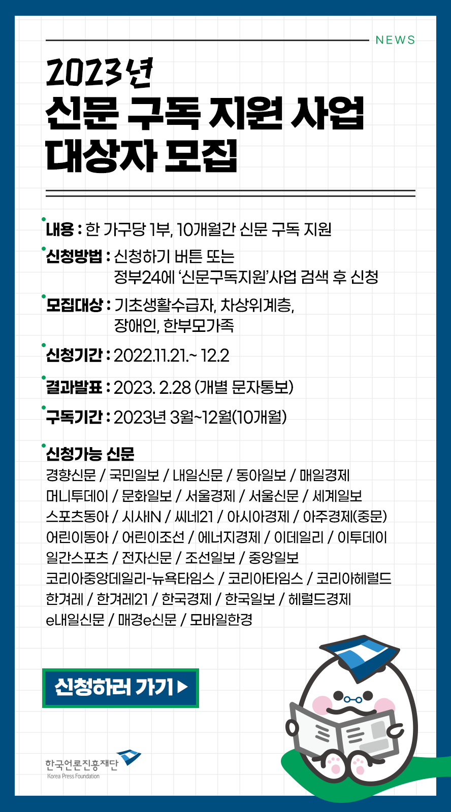 NEWS 2023년 신문 구독 지원 사업 대상자 모집 내용: 한 가구당 1부, 10개월간 신문 구독 지원 신청방법: 신청하기 버튼 또는 정부24에 '신문구독지원'사업 검색 후 신청 모집대상: 기초생활수급자, 차상위계층, 장애인, 한부모가족 신청기간: 2022.11.21.~12.2 결과발표: 2023.2.28(개별 문자통보) 구독기간: 2023년 3월~12월(10개월) 신청가능 신문 경향신문 / 국민일보 / 내일신문 / 동아일보 / 매일경제 / 머니투데이 / 문화일보 / 서울경제 / 서울신문 / 세계일보 / 스포츠동아 / 문화일보 / 서울경제 / 서울신문 / 세계일보 / 스포츠아 / 시사IN / 씨네21 / 아시아경제 / 아주경제(중문) / 어린이동아 / 어린이조선 / 에너지경제 / 이데일리 / 이투데이 / 일산스포츠 / 전자신문 / 조선일보 / 중앙일보 / 코리아중앙데일리-뉴욕타임스 / 코리아타임스 / 코리아헤럴드 / 한겨레 / 한겨레21 / 한국경제 / 한국일보 / 헤럴드경제 / e내일신문 / 매경e신문 / 모바일한경